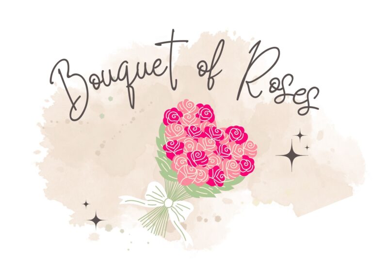 結婚記念日にぴったりなピンクのバラでできたハート型の花束のイラスト。中央に『Bouquet of Roses』の文字