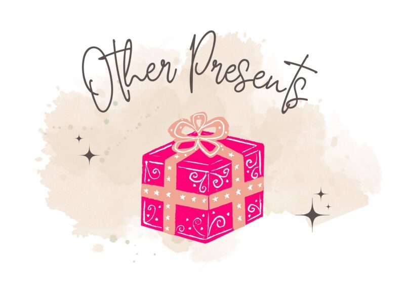 指輪なしプロポーズ時に贈る、ピンクのリボンでラッピングされたギフトボックスと「Other Presents」の文字イラスト