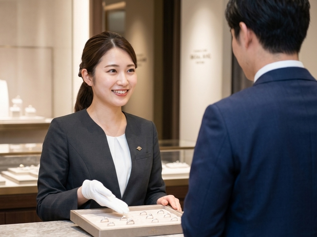 一人で指輪選びに訪れた男性へ接客するブライダルリング専門店スタッフ