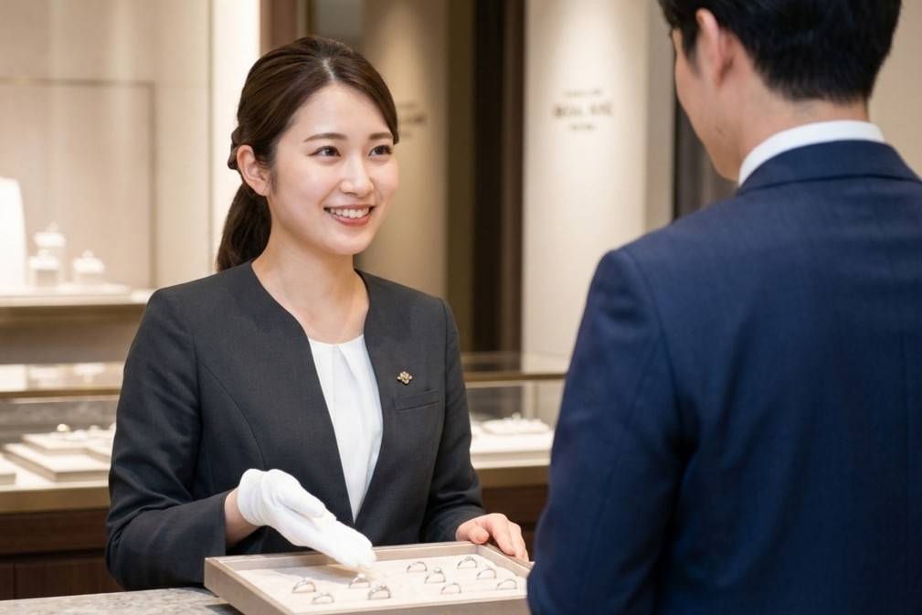 丁寧な接客をするブライダルリング専門店のプロスタッフ