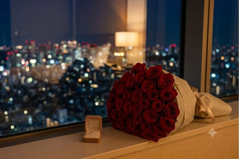 素敵な夜景をバックに並べられている、婚約指輪とバラ花束